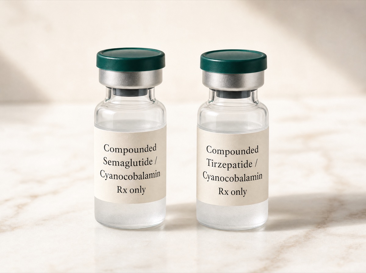 Two sterile glass vials of compounded medication on a marble surface
