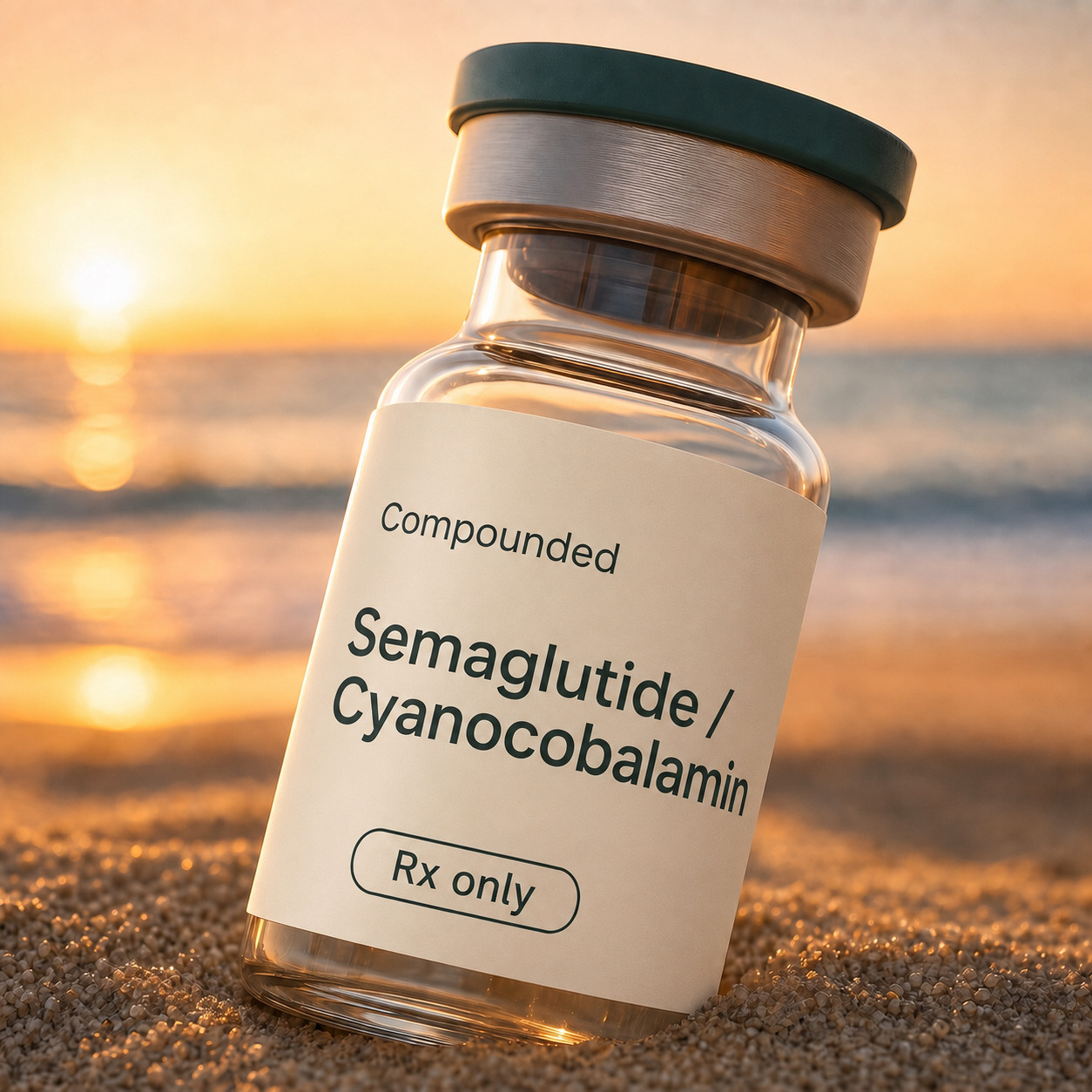 Unbranded medication vial labeled Semaglutide and Cyanocobalamin