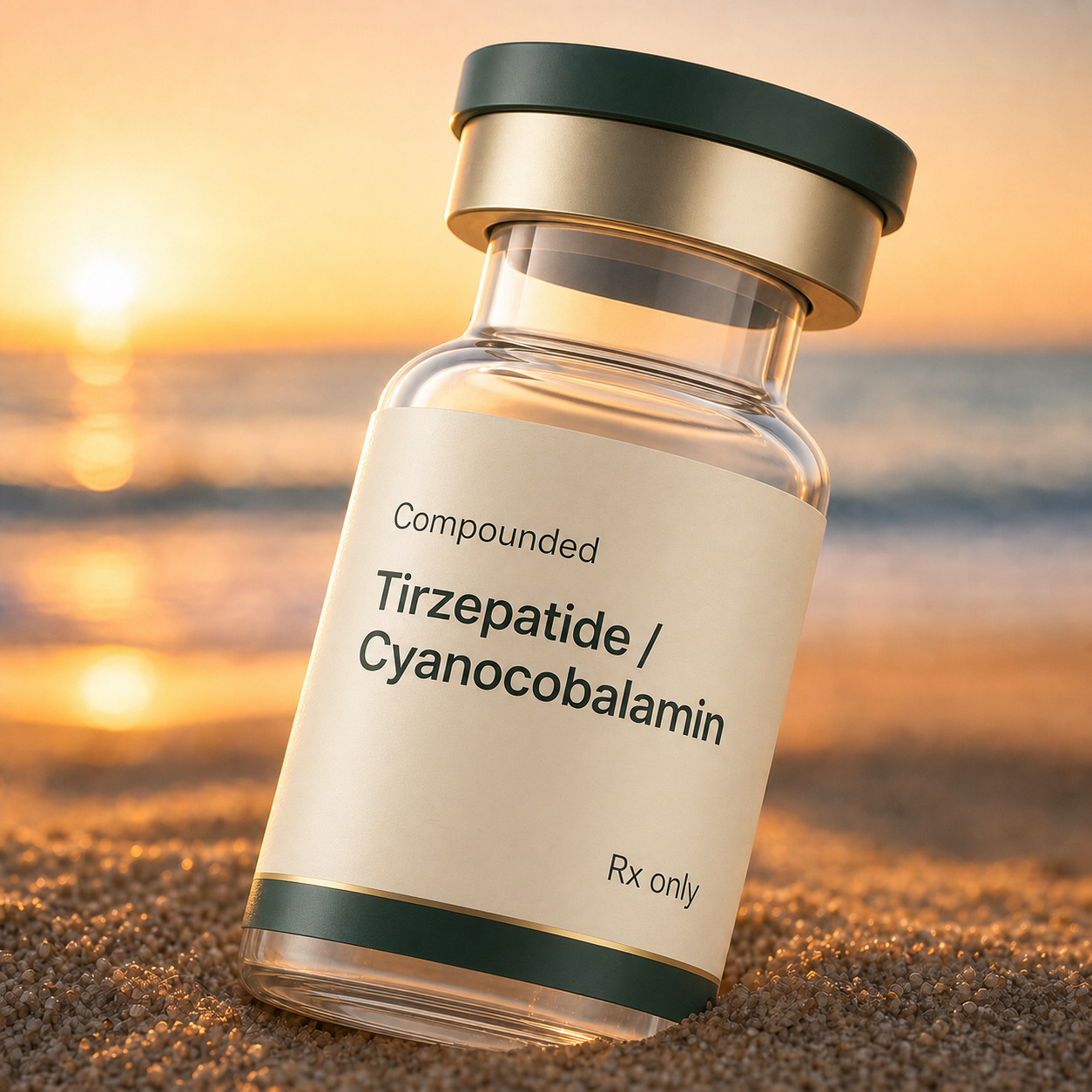 Unbranded medication vial labeled Tirzepatide and Cyanocobalamin