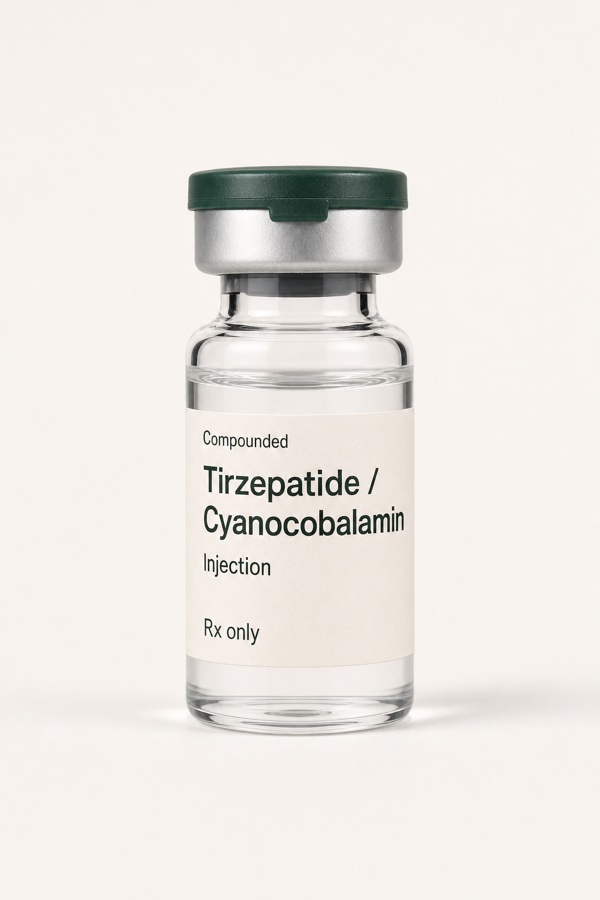 Upright sterile glass vial of compounded injectable medication